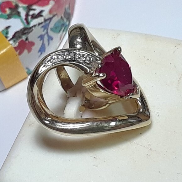 1.0ct Lab Created Heart Cut Ruby Diamond Open Heart 10K Y/Gold Slide Pend #20273 - Picture 2 of 5